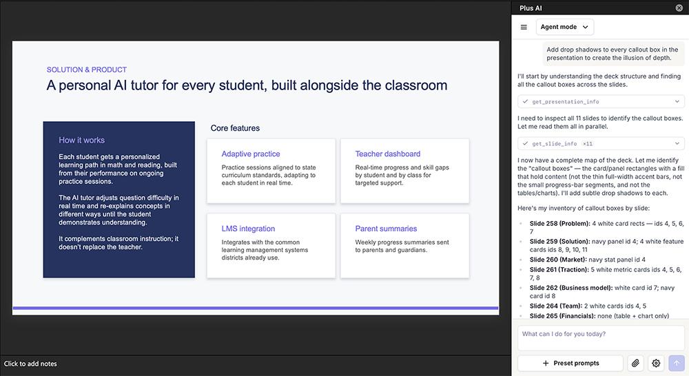Plus AI's Agent mode in PowerPoint working through a deck-wide edit request to add drop shadows to every callout box.