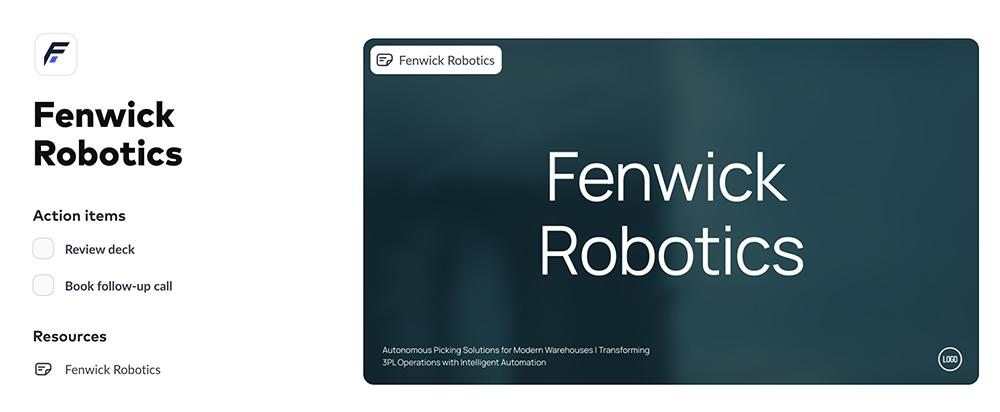 A Pitch room for "Fenwick Robotics" with shared action items and a deck resource for collaborating with prospects.