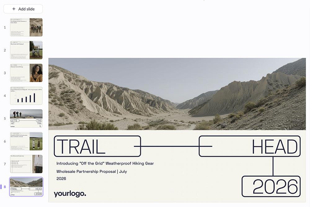 A Pitch deck's slide panel showing the title slide generated last, in position 8, instead of first.