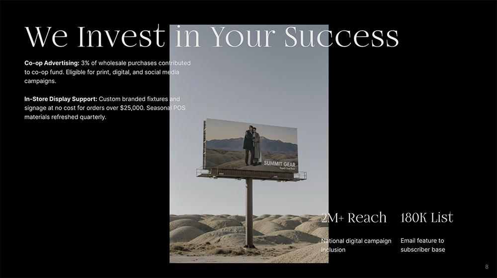 A Pitch slide titled "We Invest in Your Success" with awkwardly placed text overlapping a billboard image, making the copy hard to read.