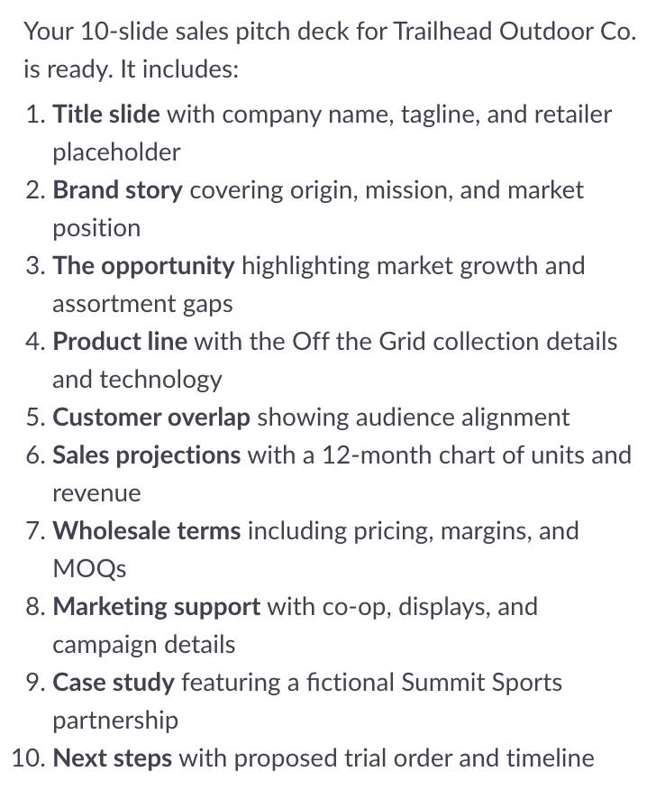 Pitch's post-generation outline listing the 10 slides it already created, shown only after the deck was built and credits were spent.
