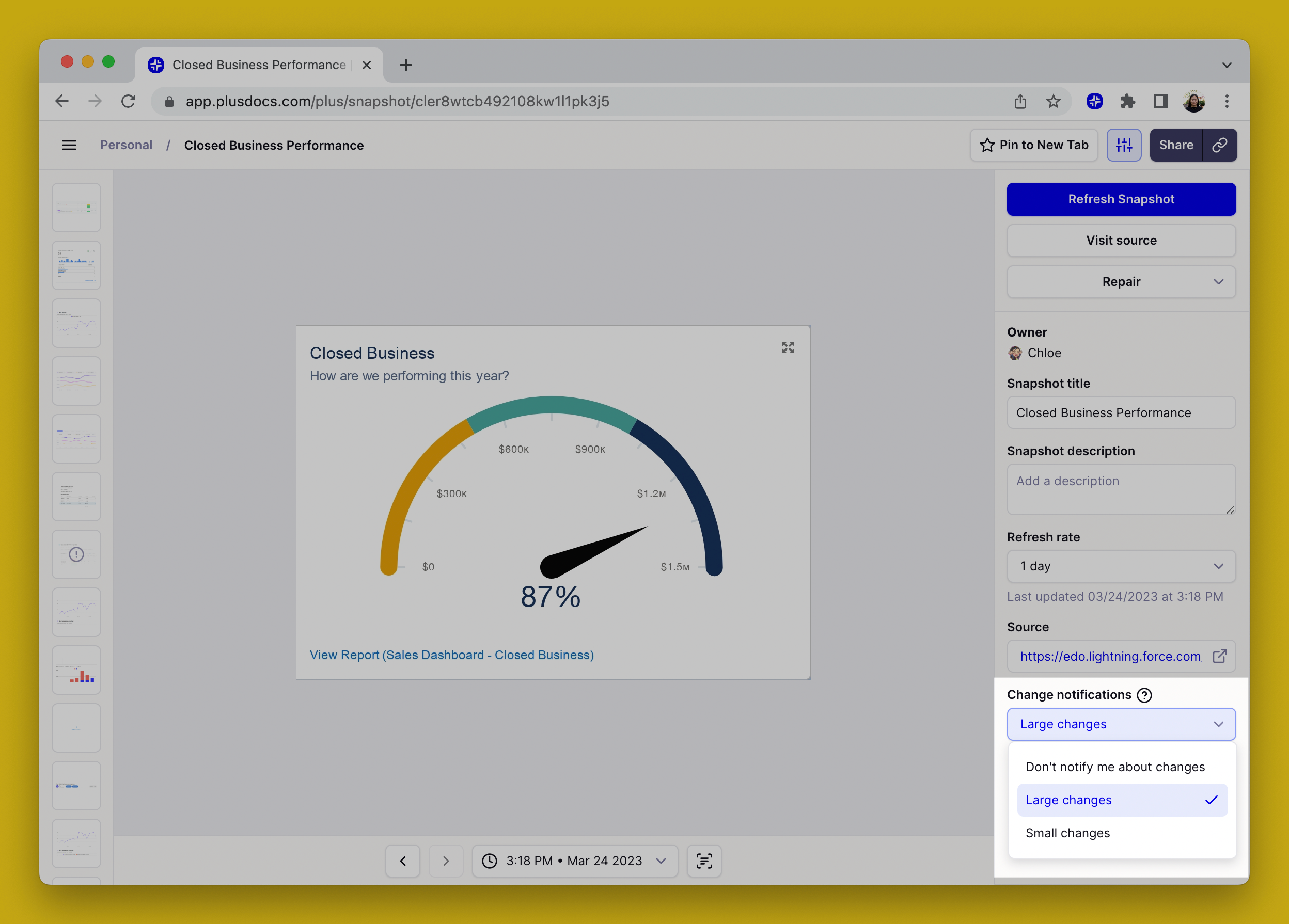 A screenshot of the Snapshot viewer in the Plus app, with the change notification dropdown highlighted.