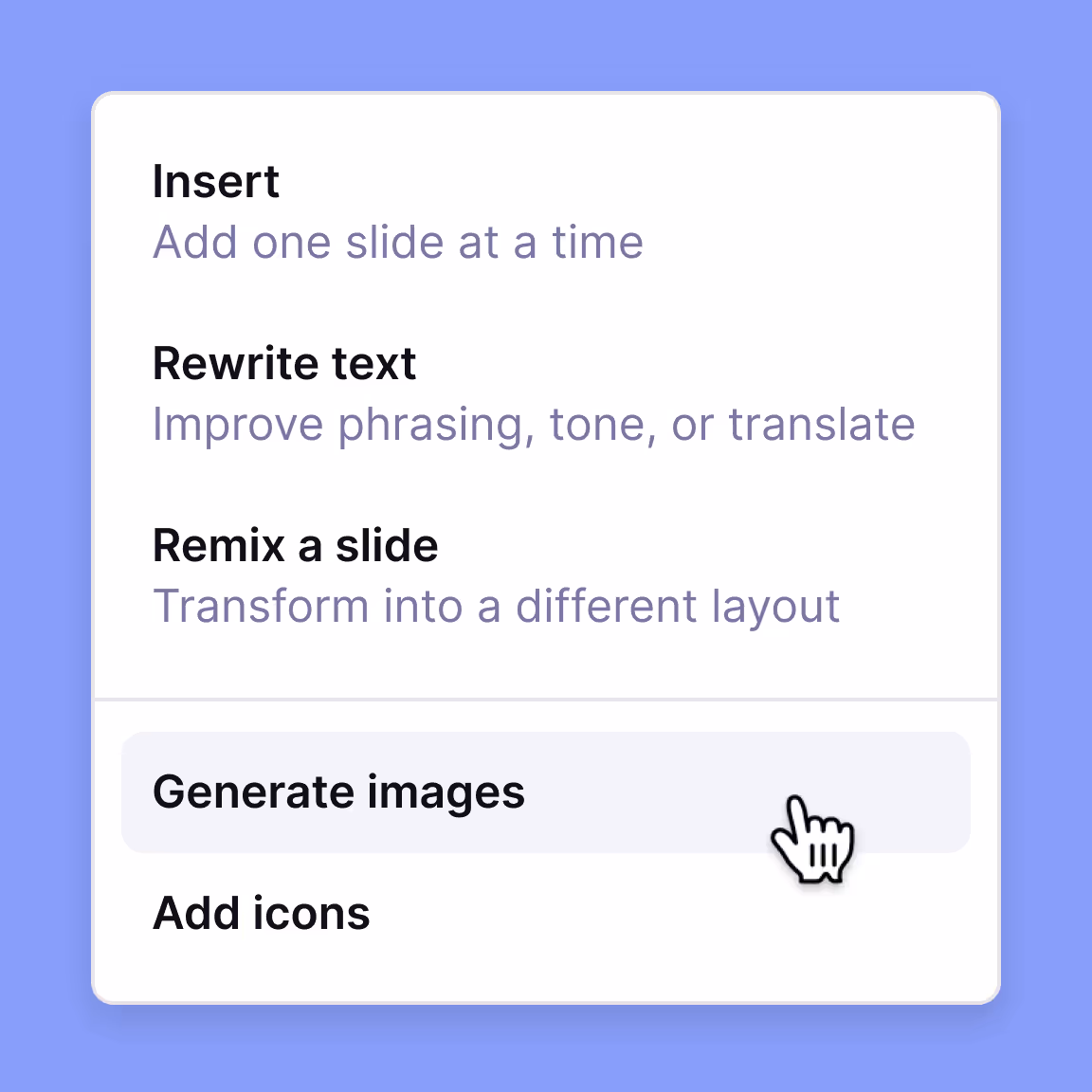AI slide editing options in Plus AI